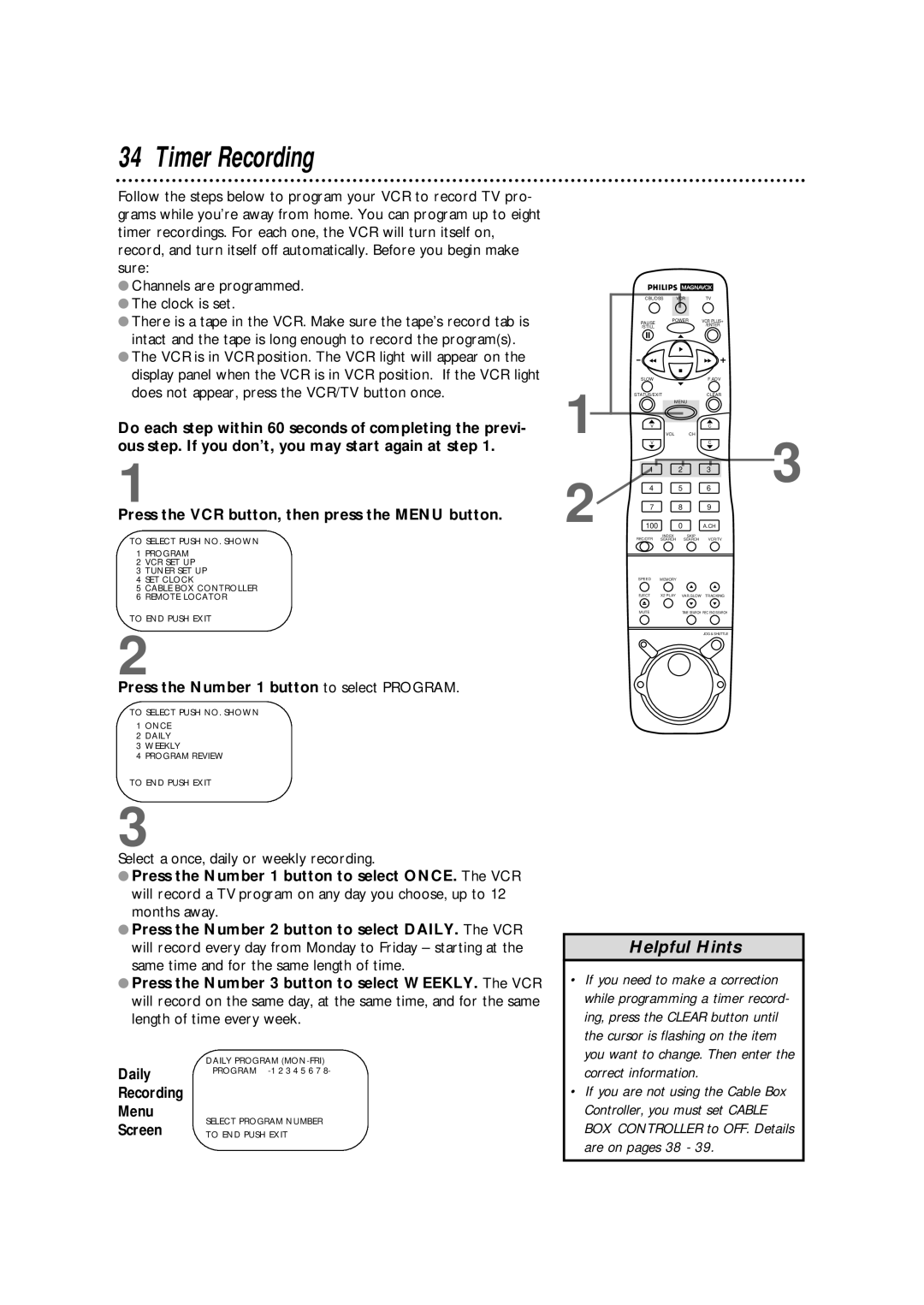 Magnavox VRX562AT99 warranty Timer Recording, Press the Number 1 button to select Program, Daily, Recording Menu, Screen 