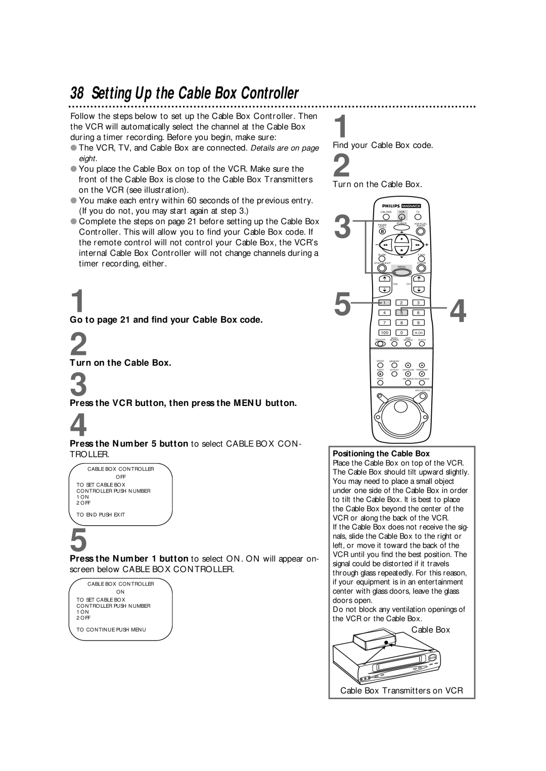 Magnavox VRX562AT99 warranty Find your Cable Box code Turn on the Cable Box, Cable Box Cable Box Transmitters on VCR 