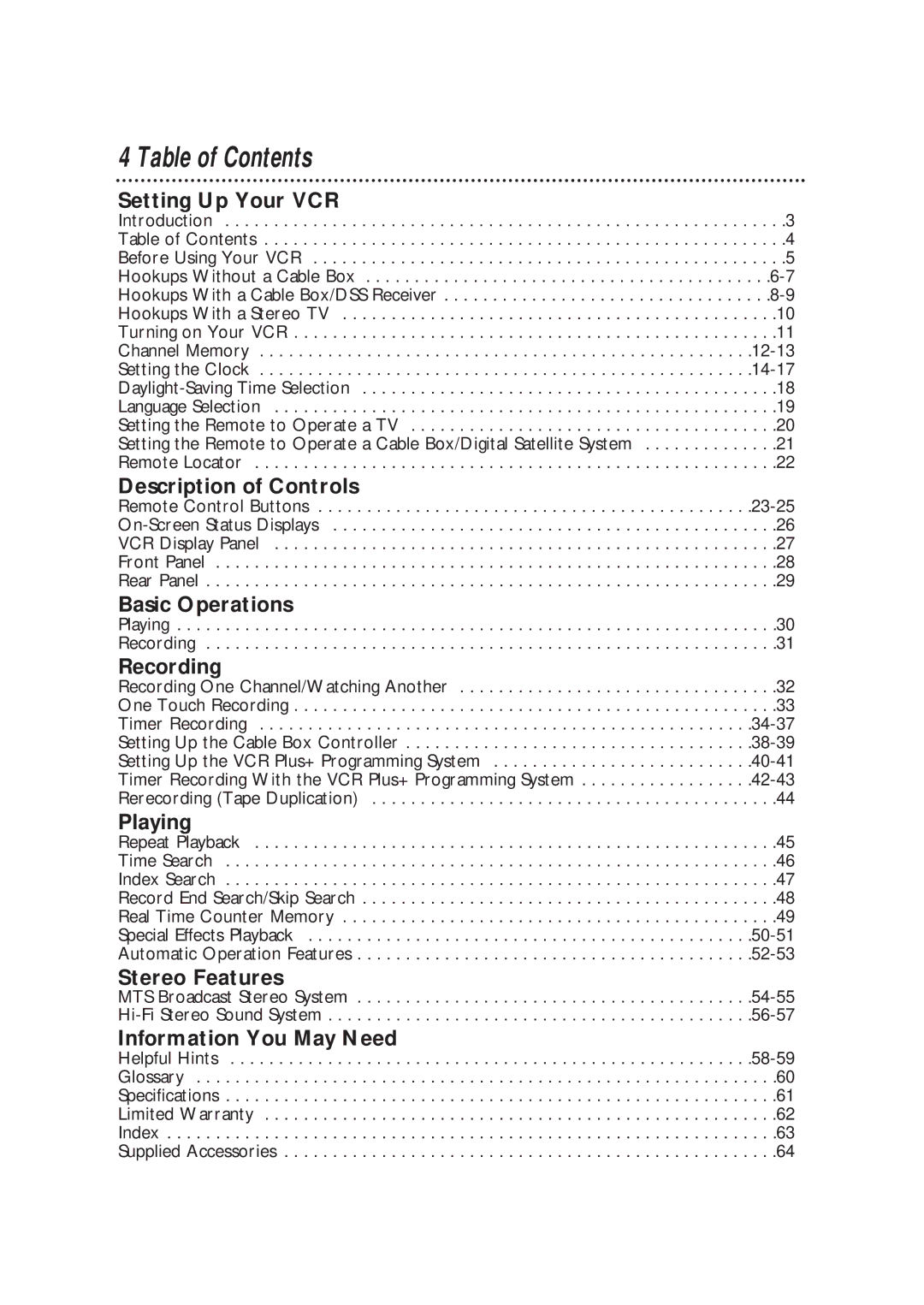 Magnavox VRX562AT99 warranty Table of Contents 