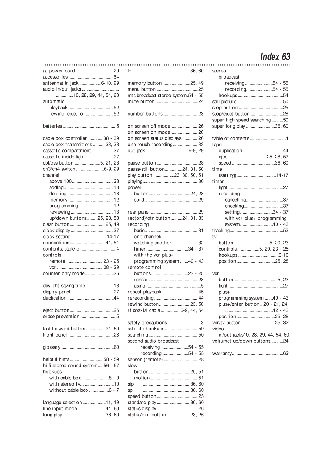 Magnavox VRX562AT99 warranty Index 