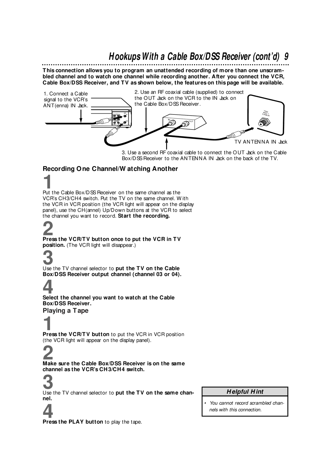 Magnavox VRX562AT99 Hookups With a Cable Box/DSS Receiver cont’d, Recording One Channel/Watching Another, Playing a Tape 