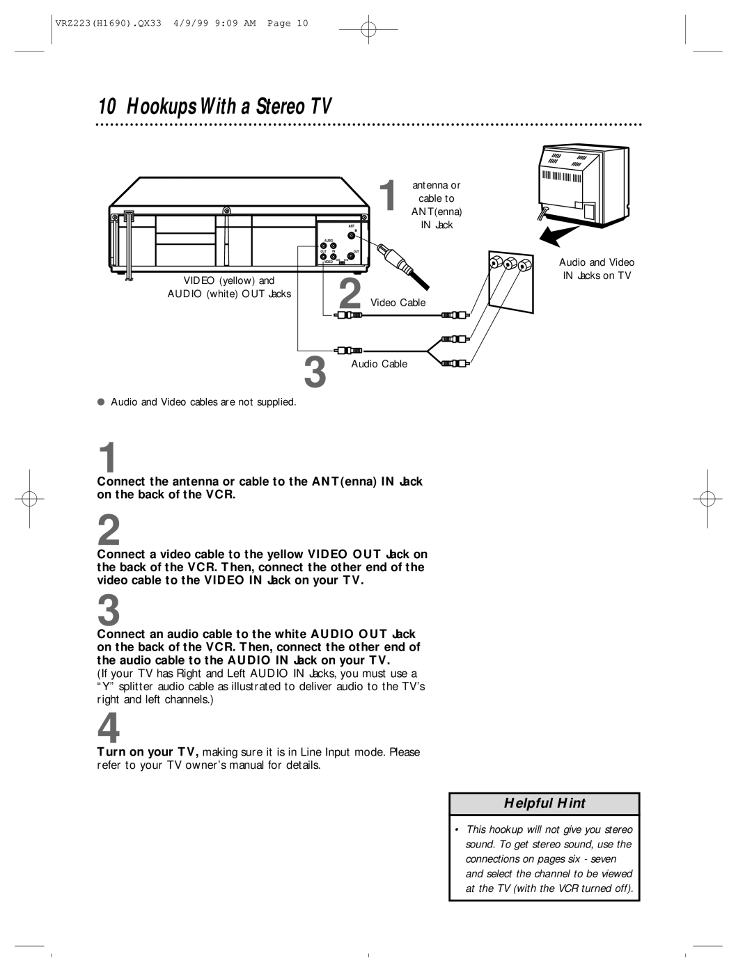 Magnavox VRZ223AT owner manual Hookups With a Stereo TV 