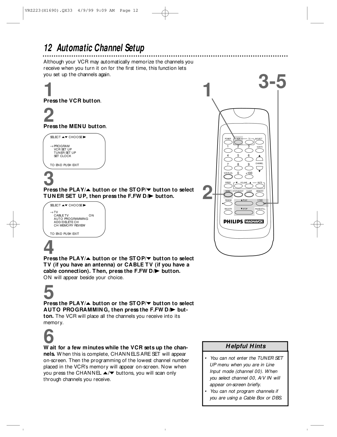 Magnavox VRZ223AT owner manual Automatic Channel Setup, Press the VCR button Press the Menu button 