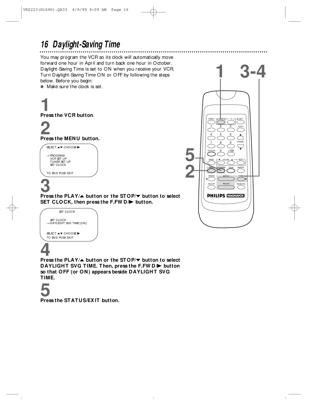 Magnavox VRZ223AT owner manual Daylight-Saving Time 