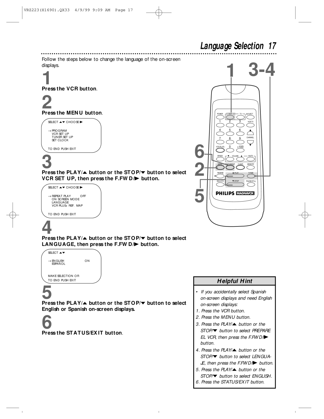 Magnavox VRZ223AT owner manual Language Selection 