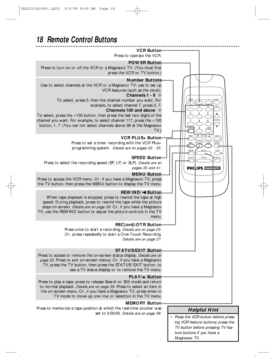 Magnavox VRZ223AT owner manual Remote Control Buttons, VCR Button 