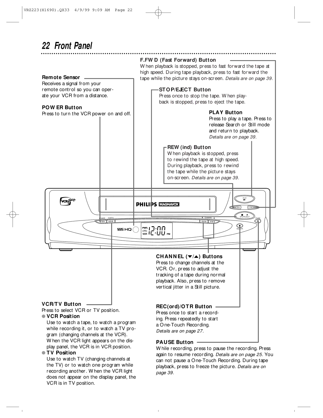 Magnavox VRZ223AT owner manual Front Panel 