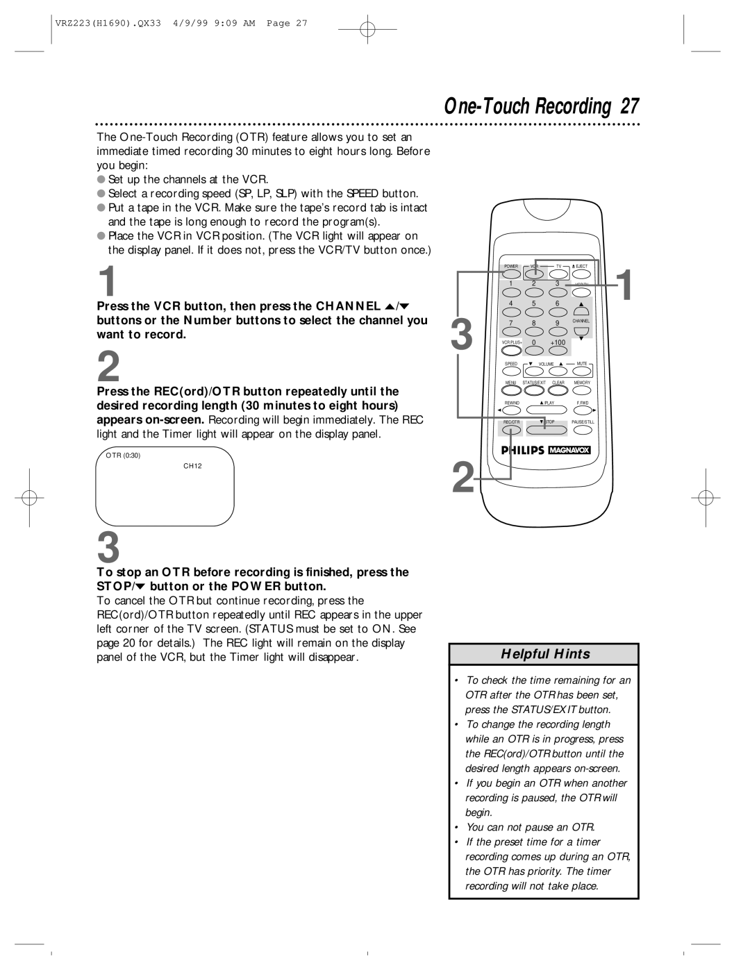 Magnavox VRZ223AT owner manual One-Touch Recording 