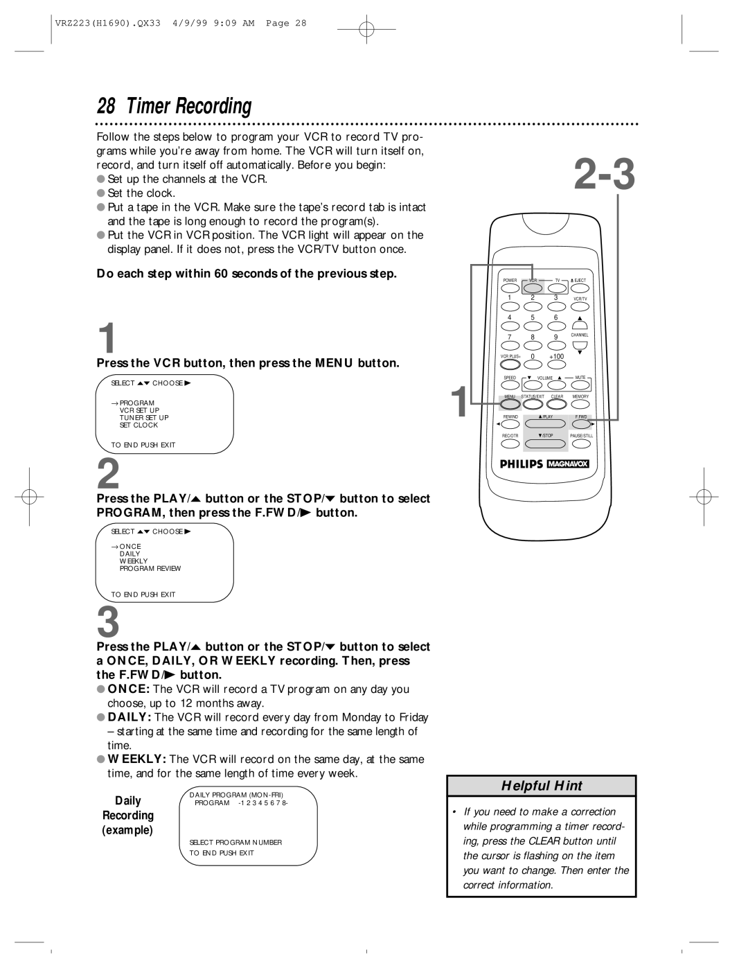 Magnavox VRZ223AT owner manual Timer Recording, Daily 