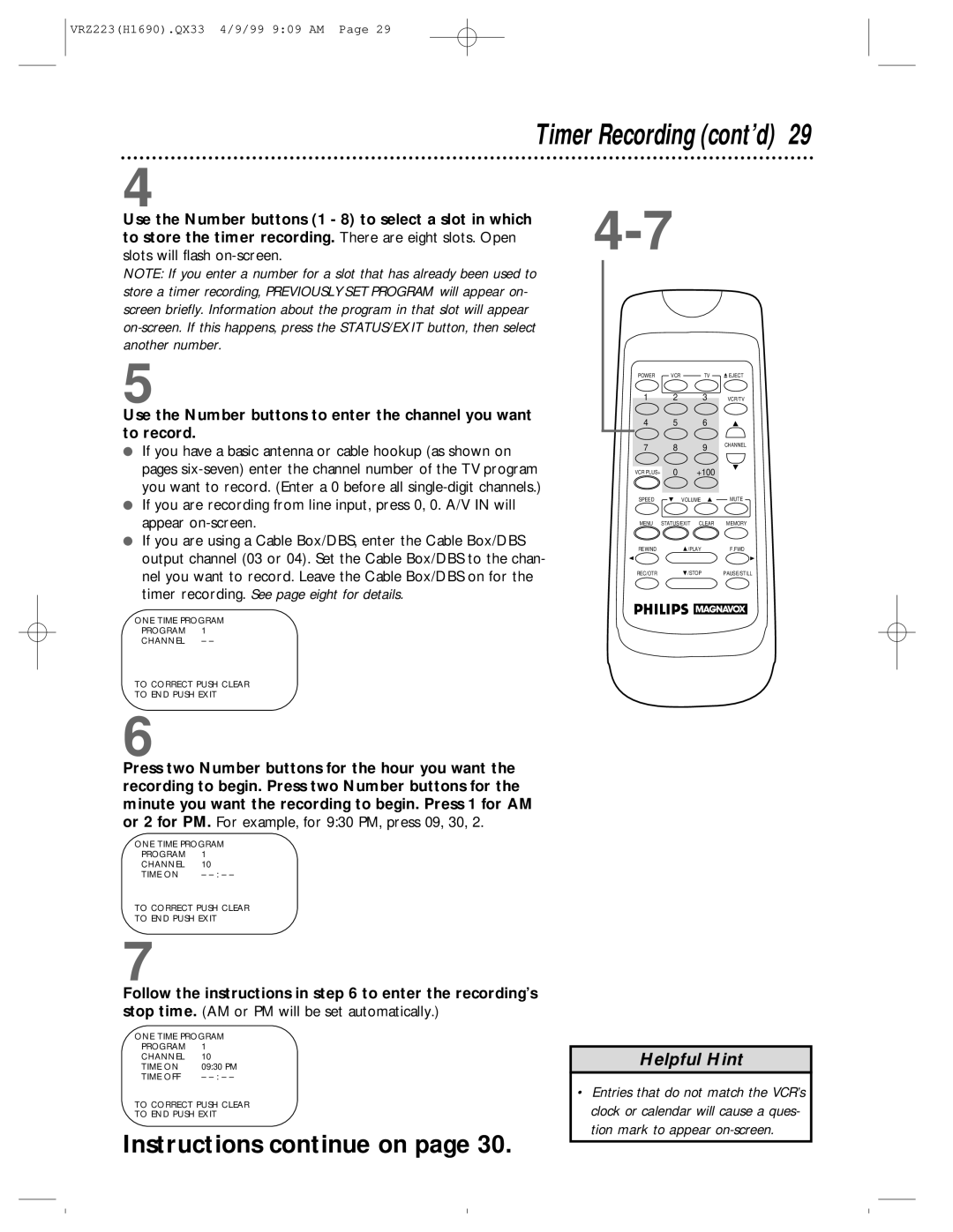 Magnavox VRZ223AT owner manual Timer Recording cont’d, Instructions continue on 