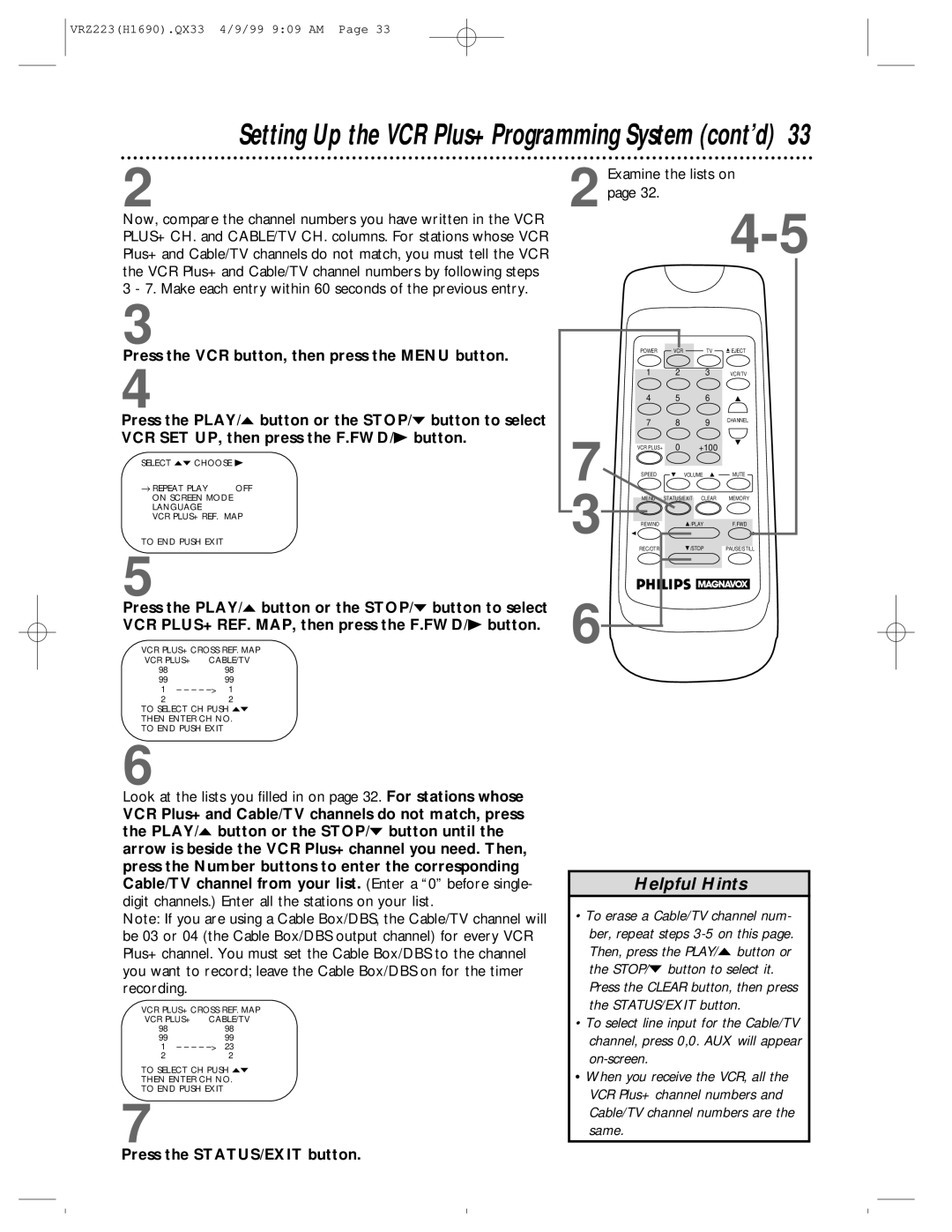Magnavox VRZ223AT owner manual Setting Up the VCR Plus+ Programming System cont’d 