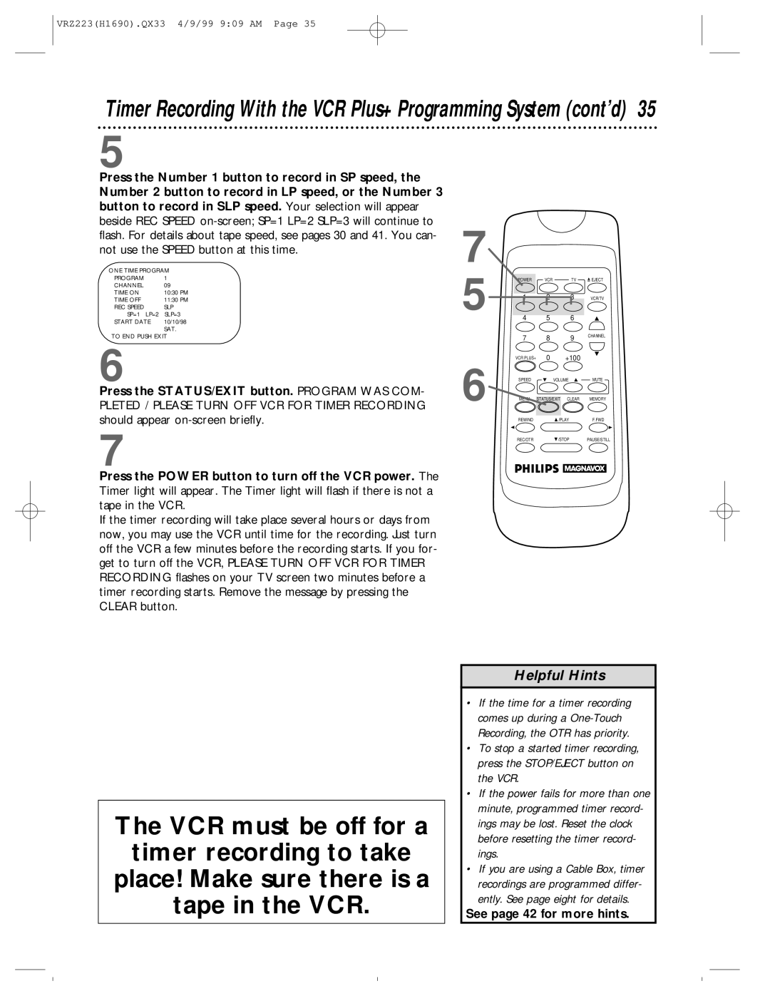 Magnavox VRZ223AT owner manual Timer Recording With the VCR Plus+ Programming System cont’d 