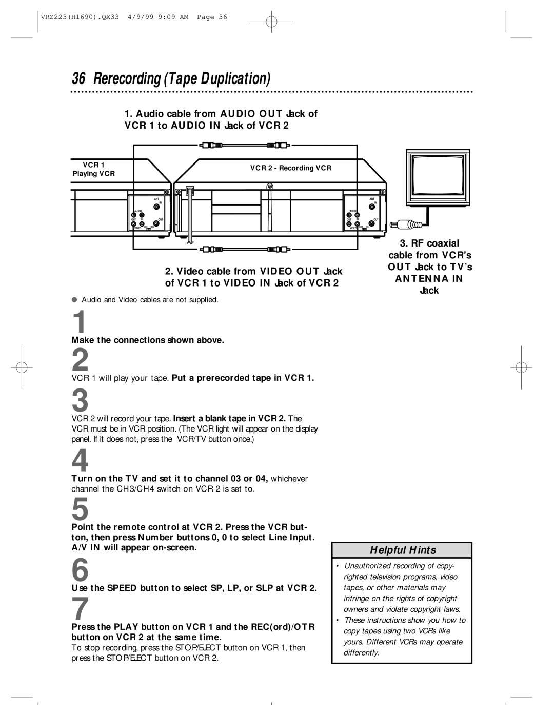 Magnavox VRZ223AT owner manual Rerecording Tape Duplication, Antenna 