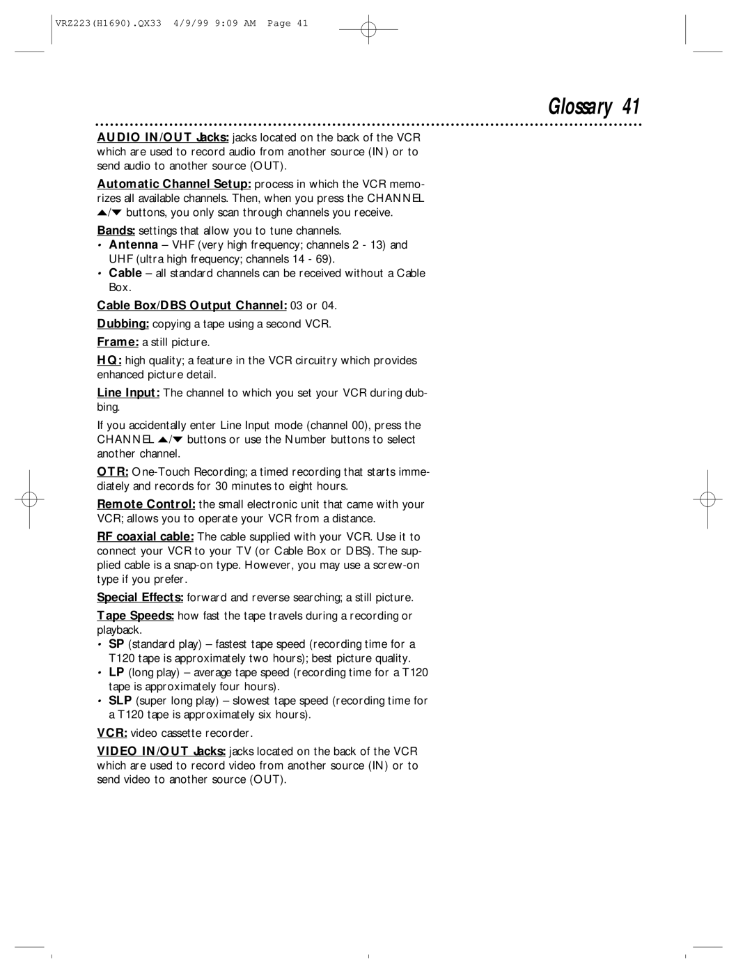 Magnavox VRZ223AT owner manual Glossary, Cable Box/DBS Output Channel 03 or 