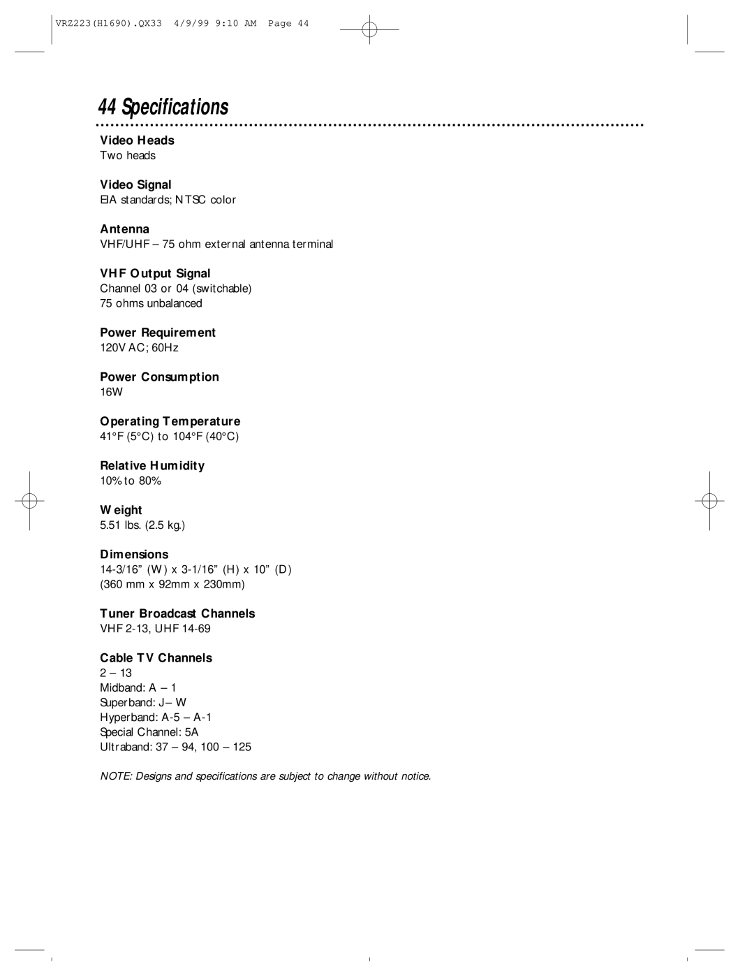 Magnavox VRZ223AT owner manual Specifications 