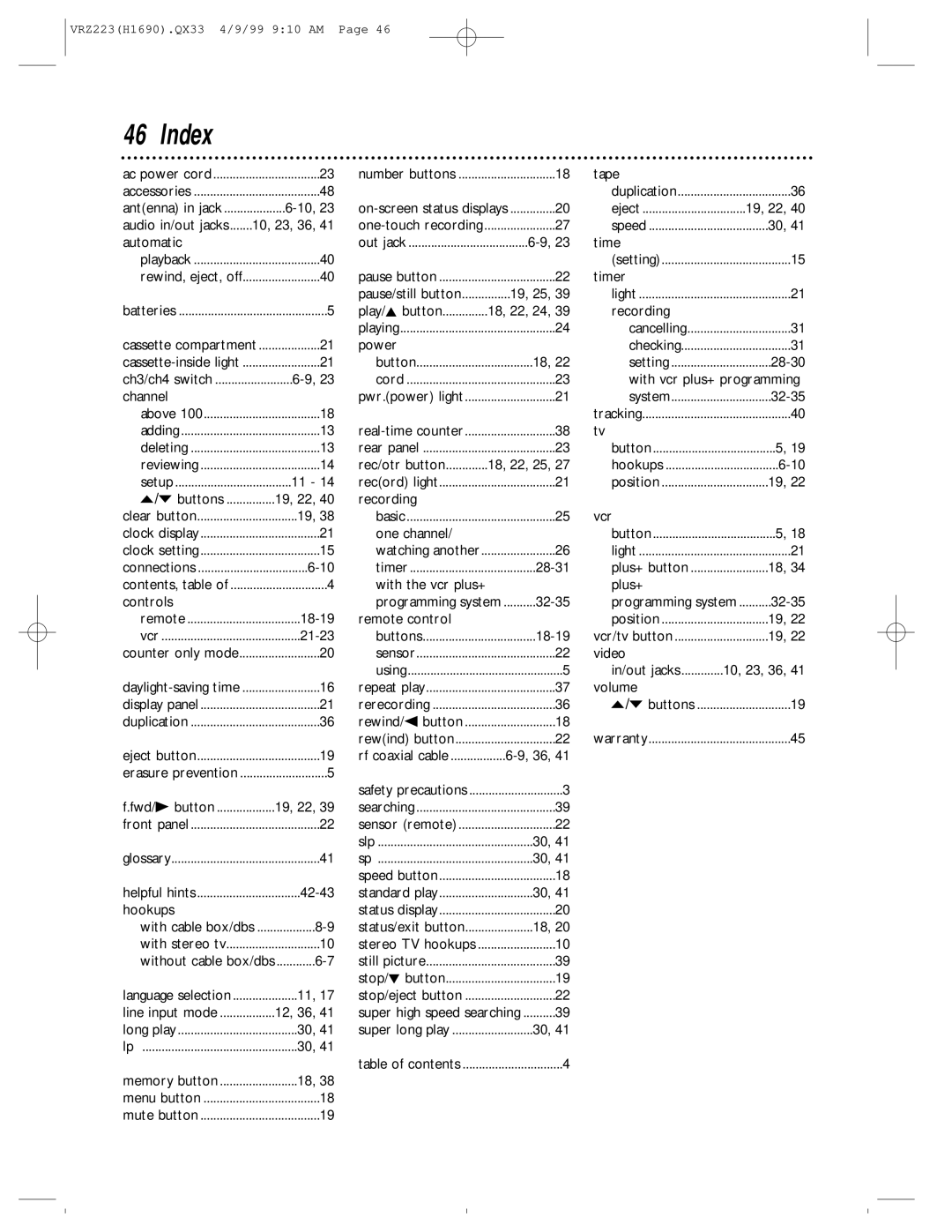 Magnavox VRZ223AT owner manual Index, Automatic 