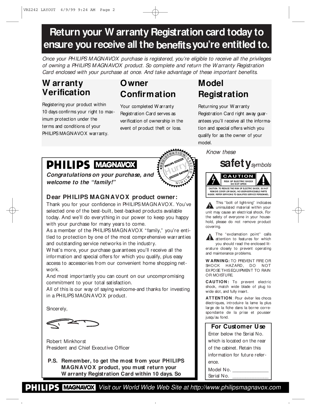 Magnavox VRZ242AT owner manual Dear Philips Magnavox product owner, For Customer Use 