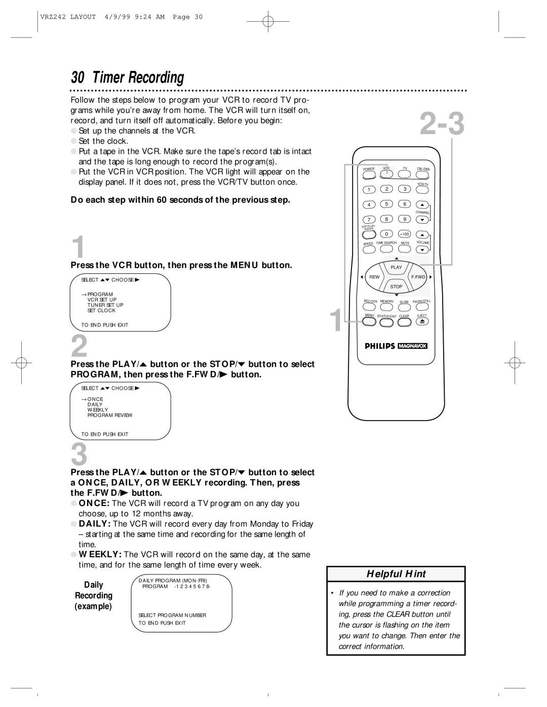 Magnavox VRZ242AT owner manual Timer Recording, Daily 