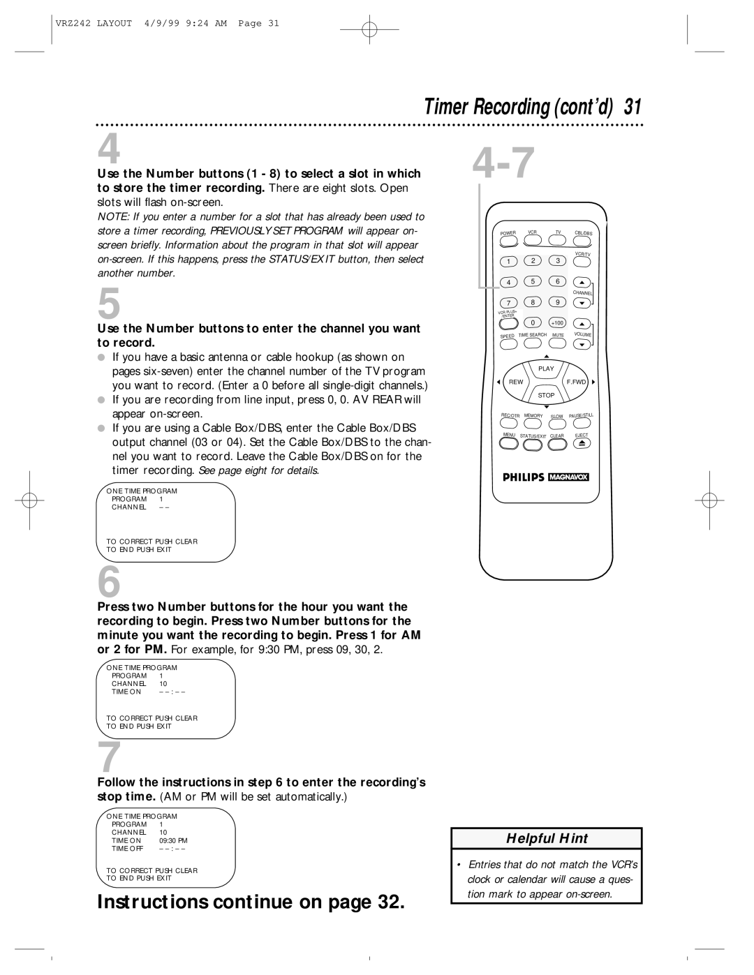 Magnavox VRZ242AT owner manual Timer Recording cont’d, Instructions continue on 