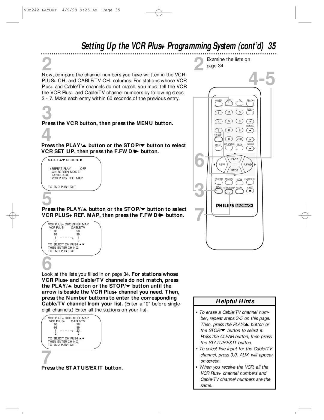 Magnavox VRZ242AT owner manual Setting Up the VCR Plus+ Programming System cont’d 