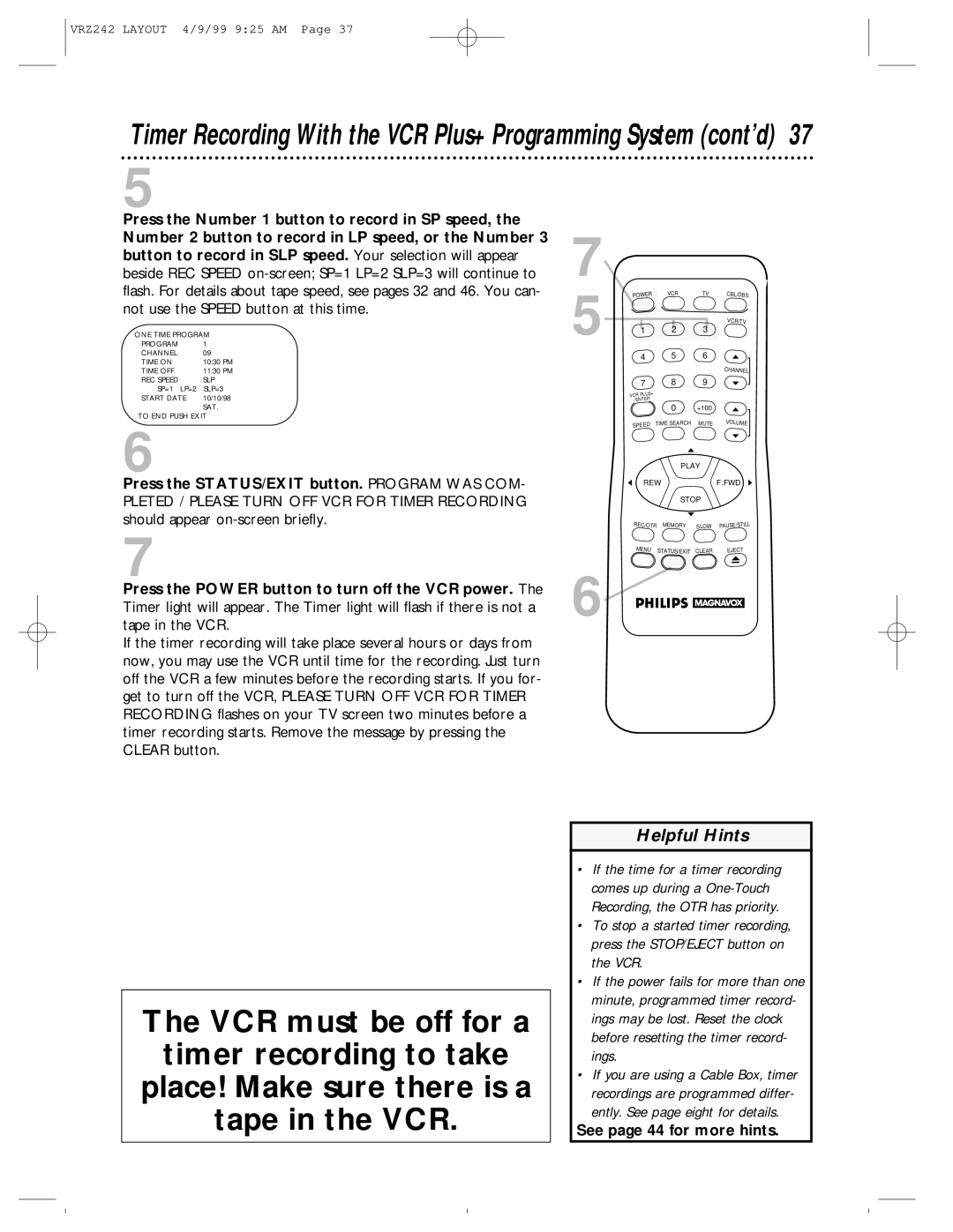 Magnavox VRZ242AT owner manual Timer Recording With the VCR Plus+ Programming System cont’d 