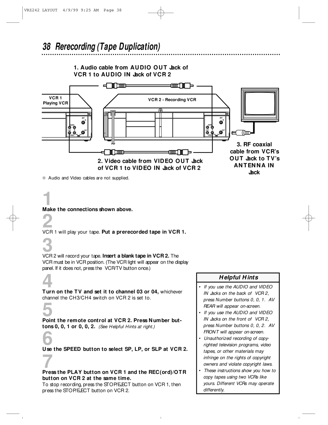 Magnavox VRZ242AT owner manual Rerecording Tape Duplication, Antenna 