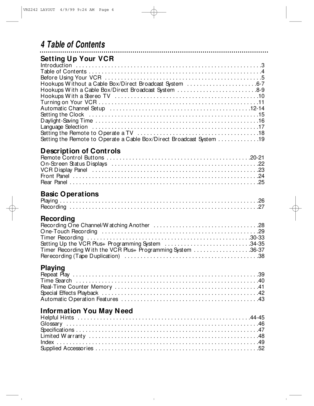 Magnavox VRZ242AT owner manual Table of Contents 