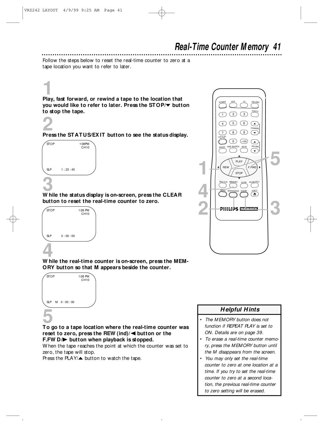 Magnavox VRZ242AT owner manual Real-Time Counter Memory 