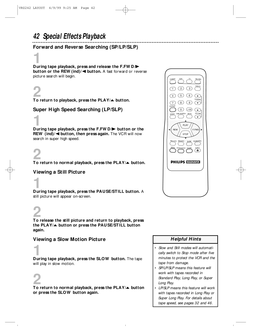 Magnavox VRZ242AT Special Effects Playback, Forward and Reverse Searching SP/LP/SLP, Super High Speed Searching LP/SLP 