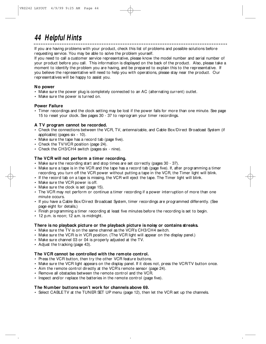 Magnavox VRZ242AT owner manual Helpful Hints 