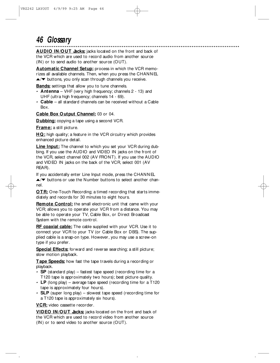 Magnavox VRZ242AT owner manual Glossary, Cable Box Output Channel 03 or 