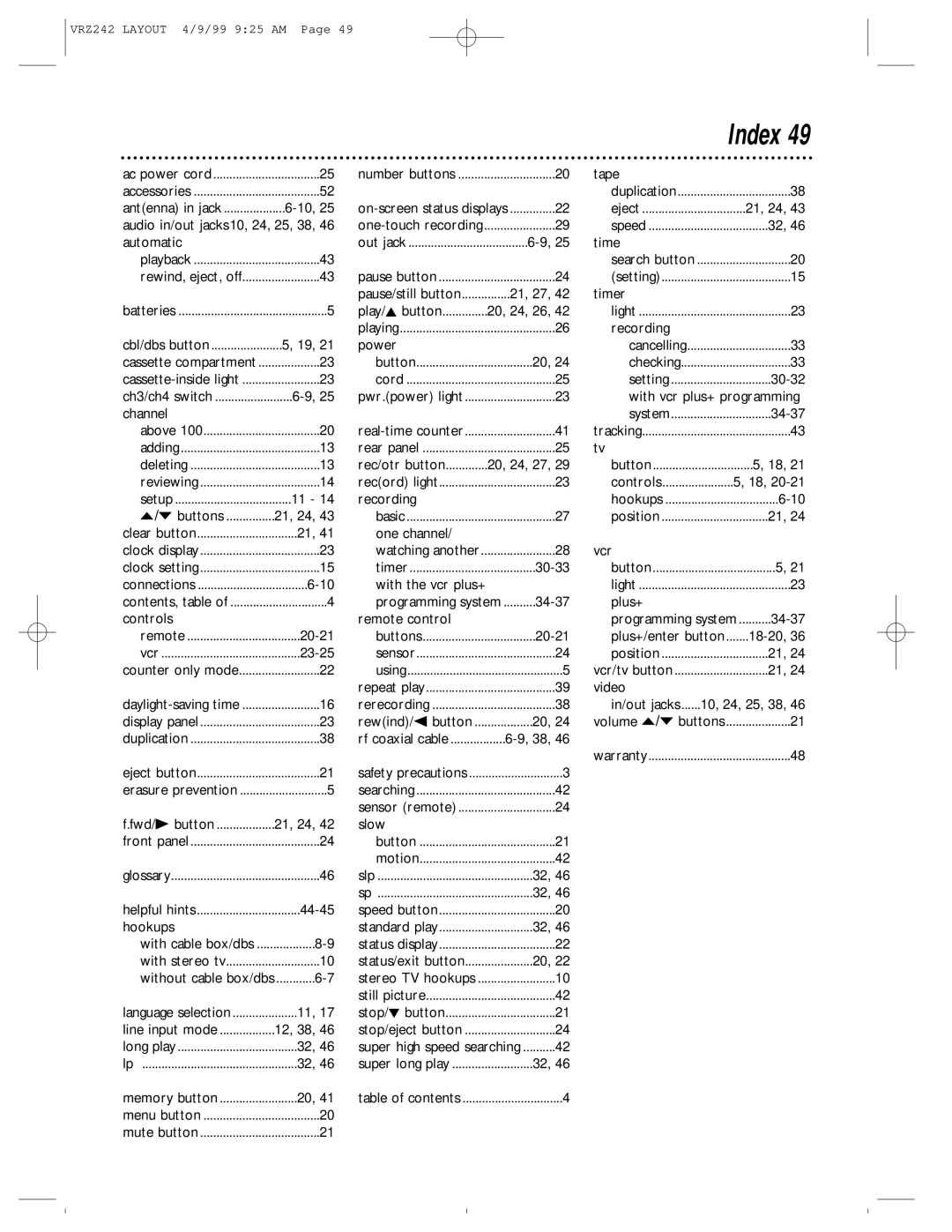 Magnavox VRZ242AT owner manual Index, Automatic 