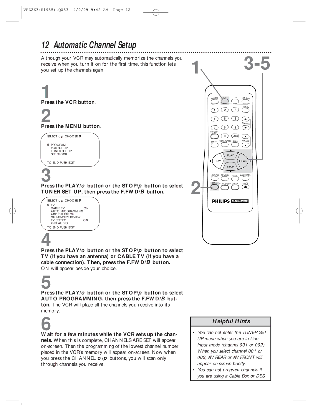 Magnavox VRZ263AT99 owner manual Automatic Channel Setup, Press the VCR button Press the Menu button 