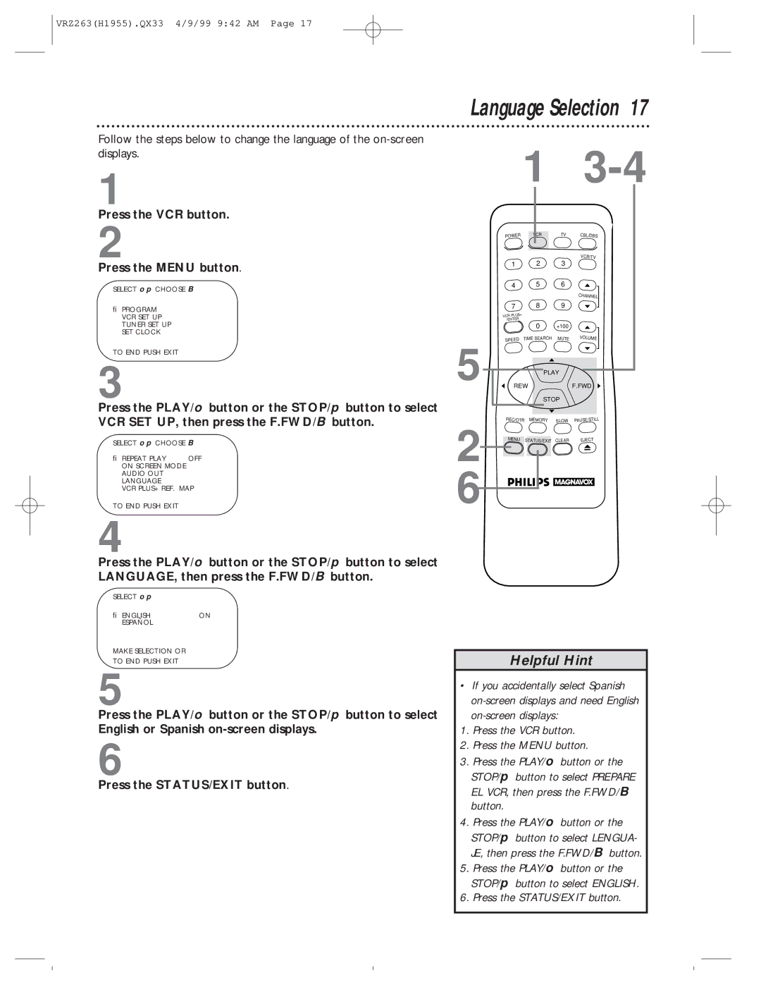 Magnavox VRZ263AT99 owner manual Language Selection 