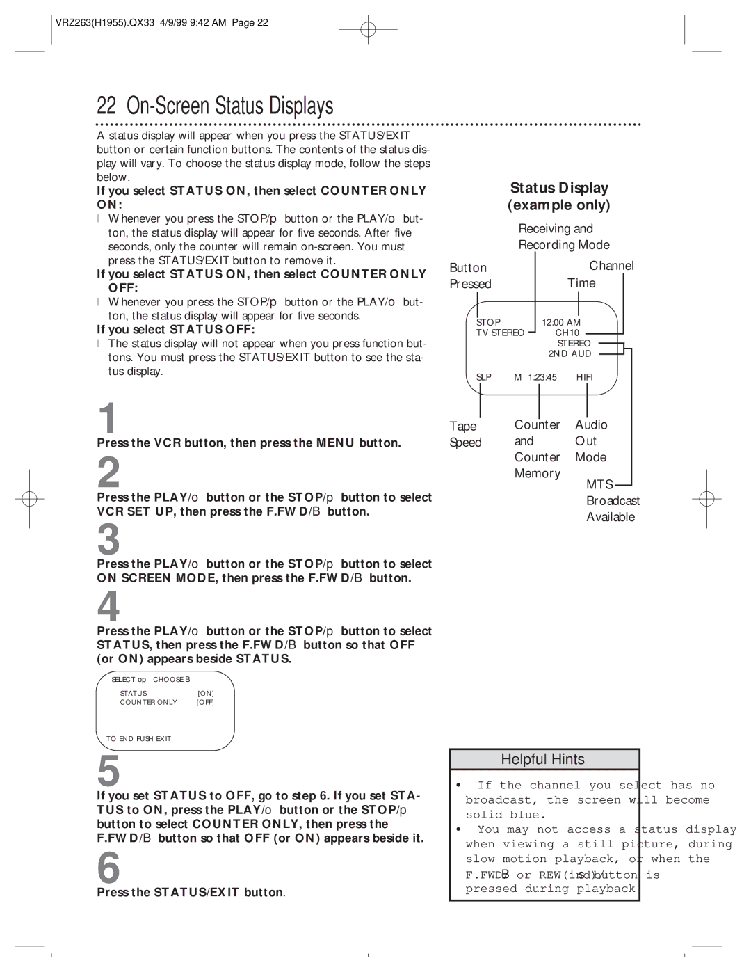 Magnavox VRZ263AT99 On-Screen Status Displays, Example only, If you select Status ON, then select Counter only on 