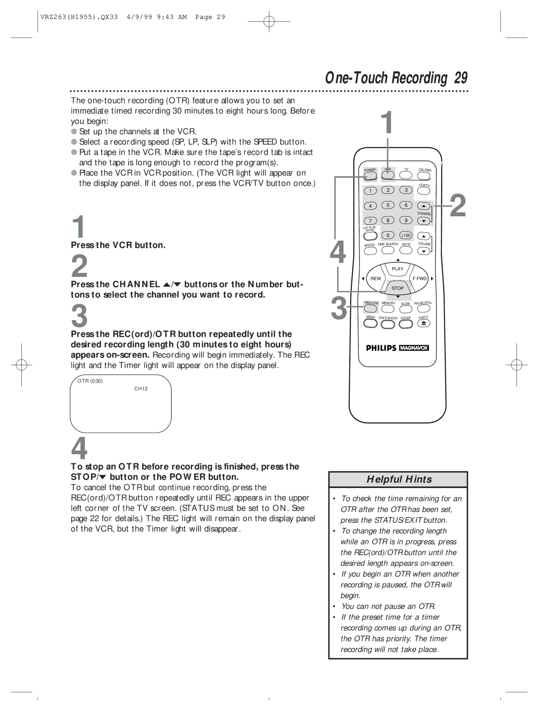 Magnavox VRZ263AT99 owner manual One-Touch Recording 