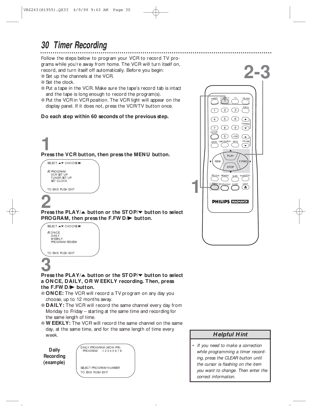 Magnavox VRZ263AT99 owner manual Timer Recording, Daily 