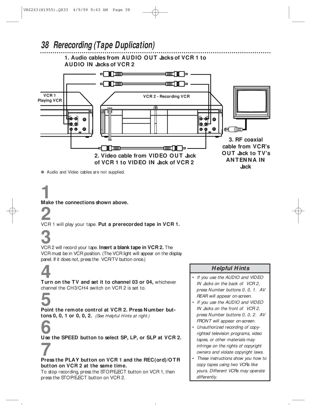 Magnavox VRZ263AT99 owner manual Rerecording Tape Duplication, Vcr 