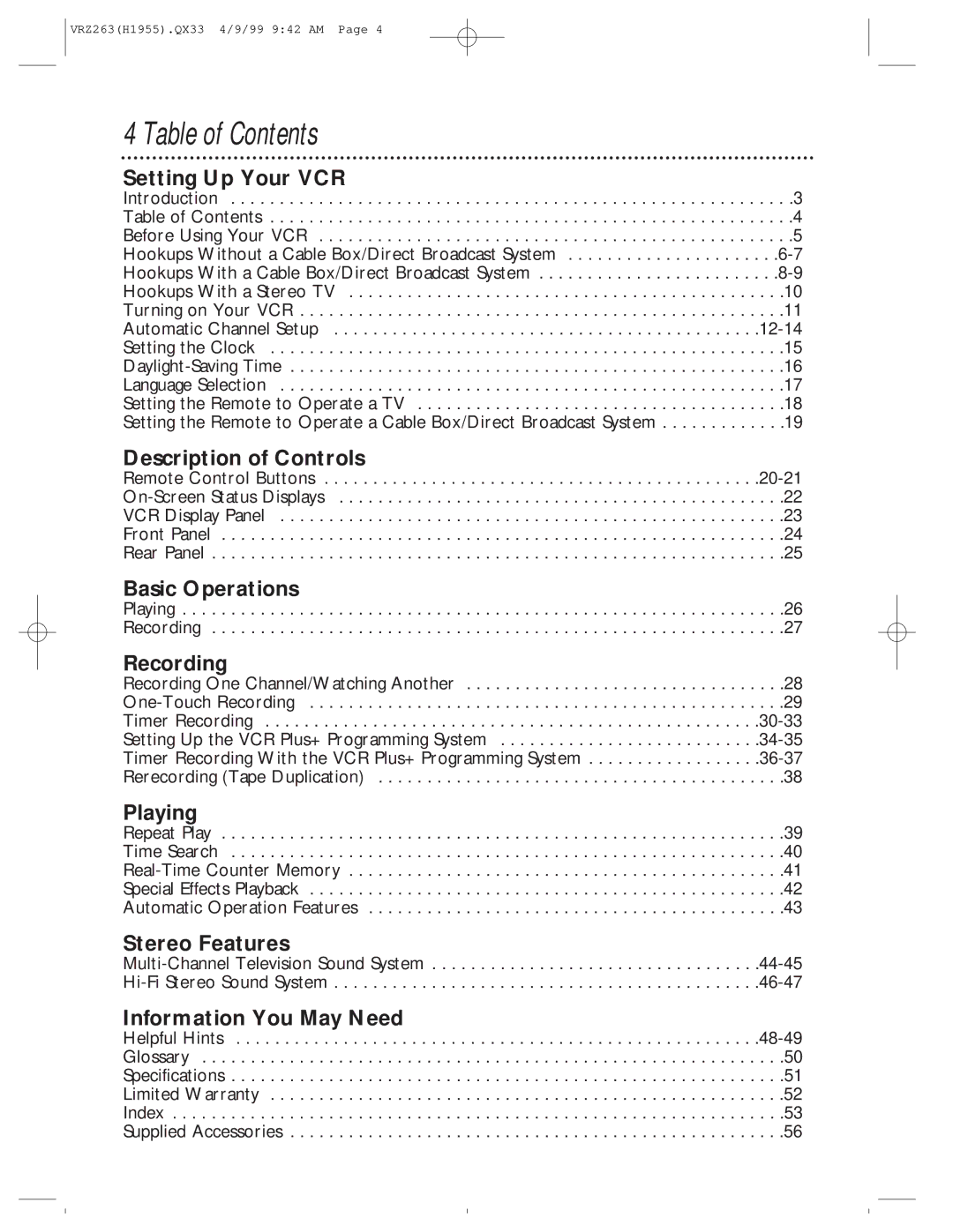 Magnavox VRZ263AT99 owner manual Table of Contents 