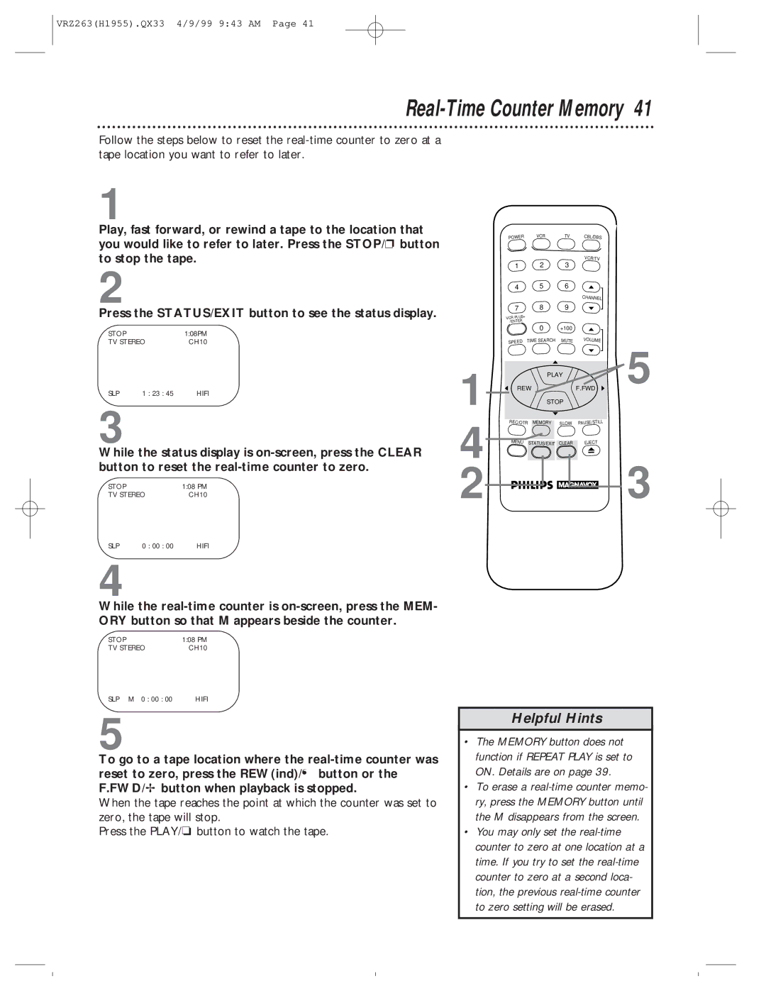 Magnavox VRZ263AT99 owner manual Real-Time Counter Memory 