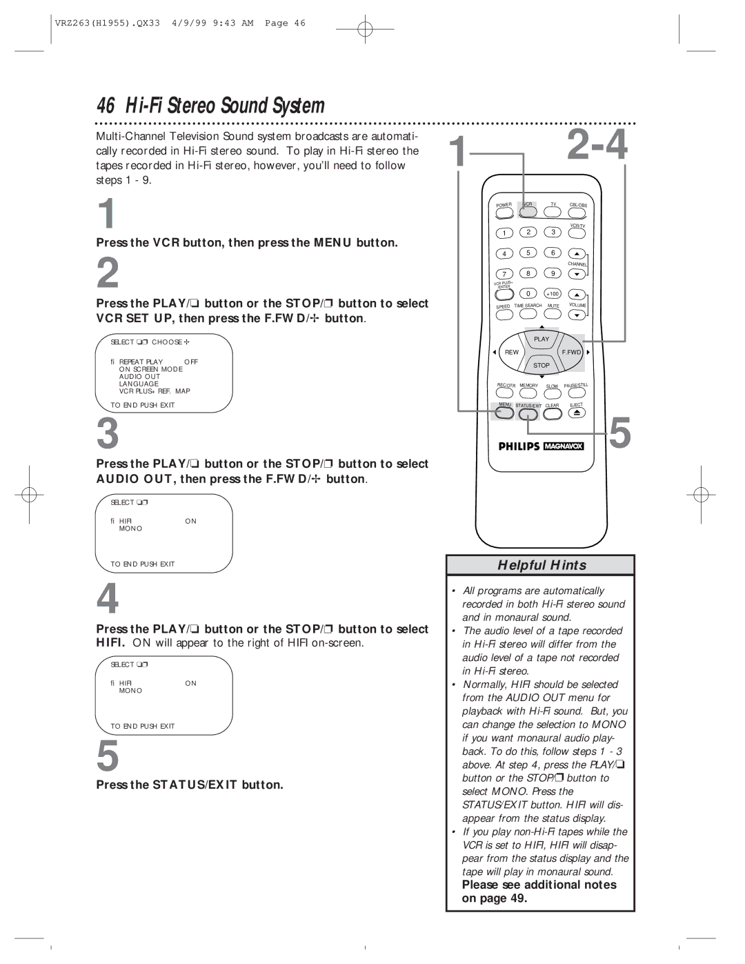 Magnavox VRZ263AT99 owner manual Hi-Fi Stereo Sound System, Please see additional notes 