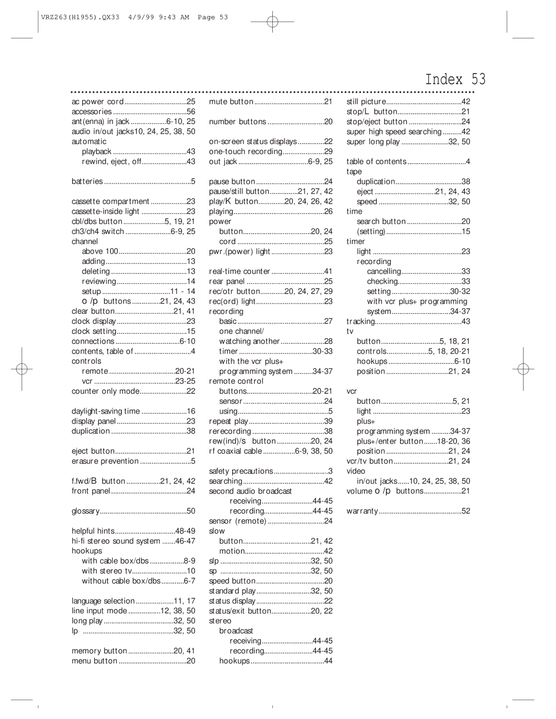 Magnavox VRZ263AT99 owner manual Index 