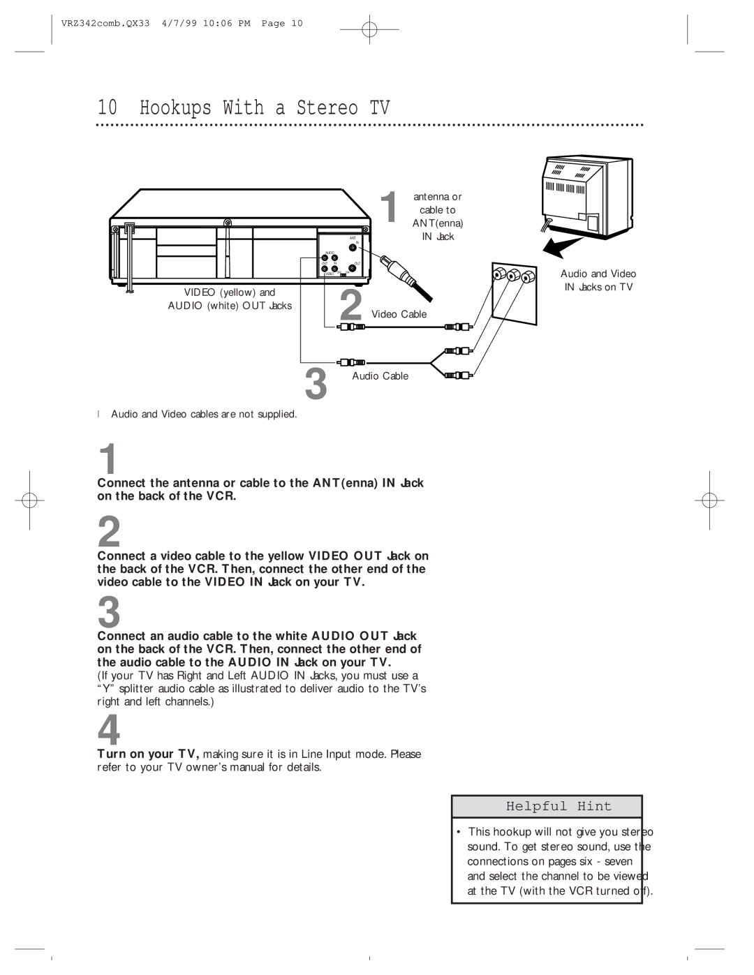 Magnavox VRZ342AT99 owner manual Hookups With a Stereo TV 