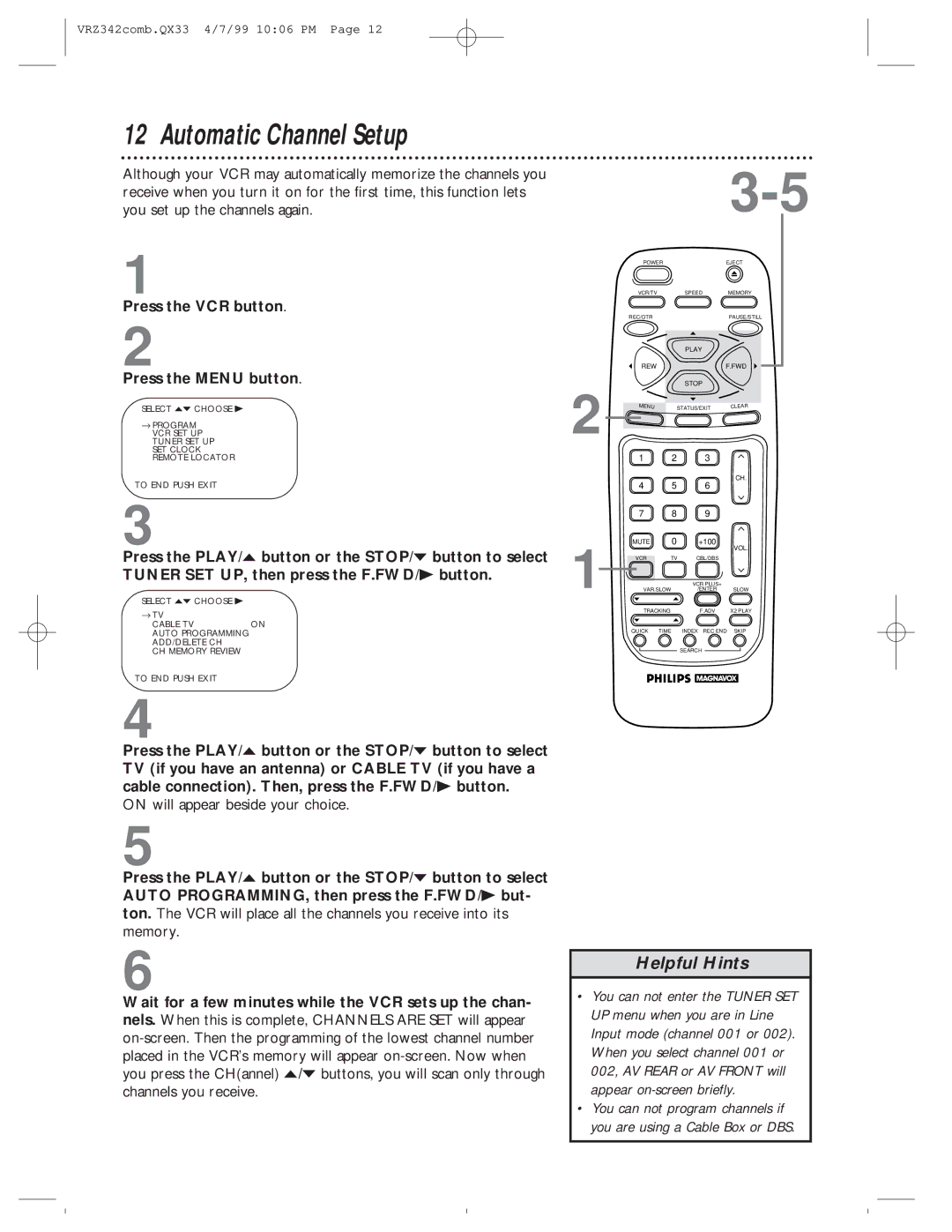 Magnavox VRZ342AT99 owner manual Automatic Channel Setup, Press the VCR button Press the Menu button 