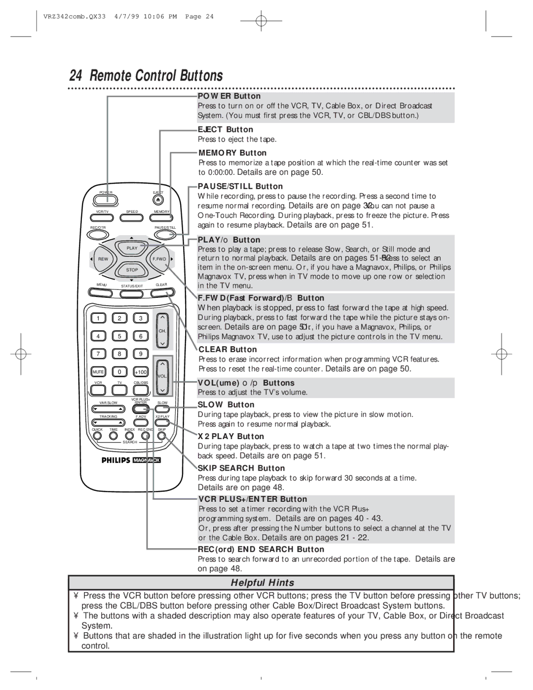 Magnavox VRZ342AT99 owner manual Remote Control Buttons 