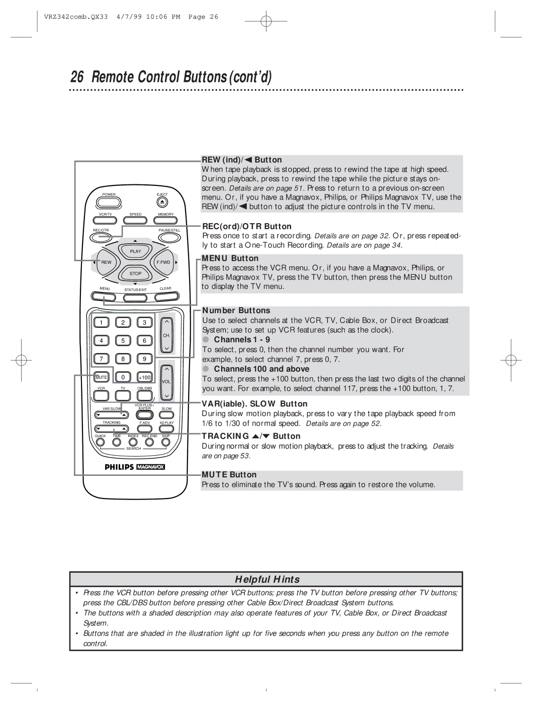 Magnavox VRZ342AT99 owner manual Remote Control Buttons cont’d 