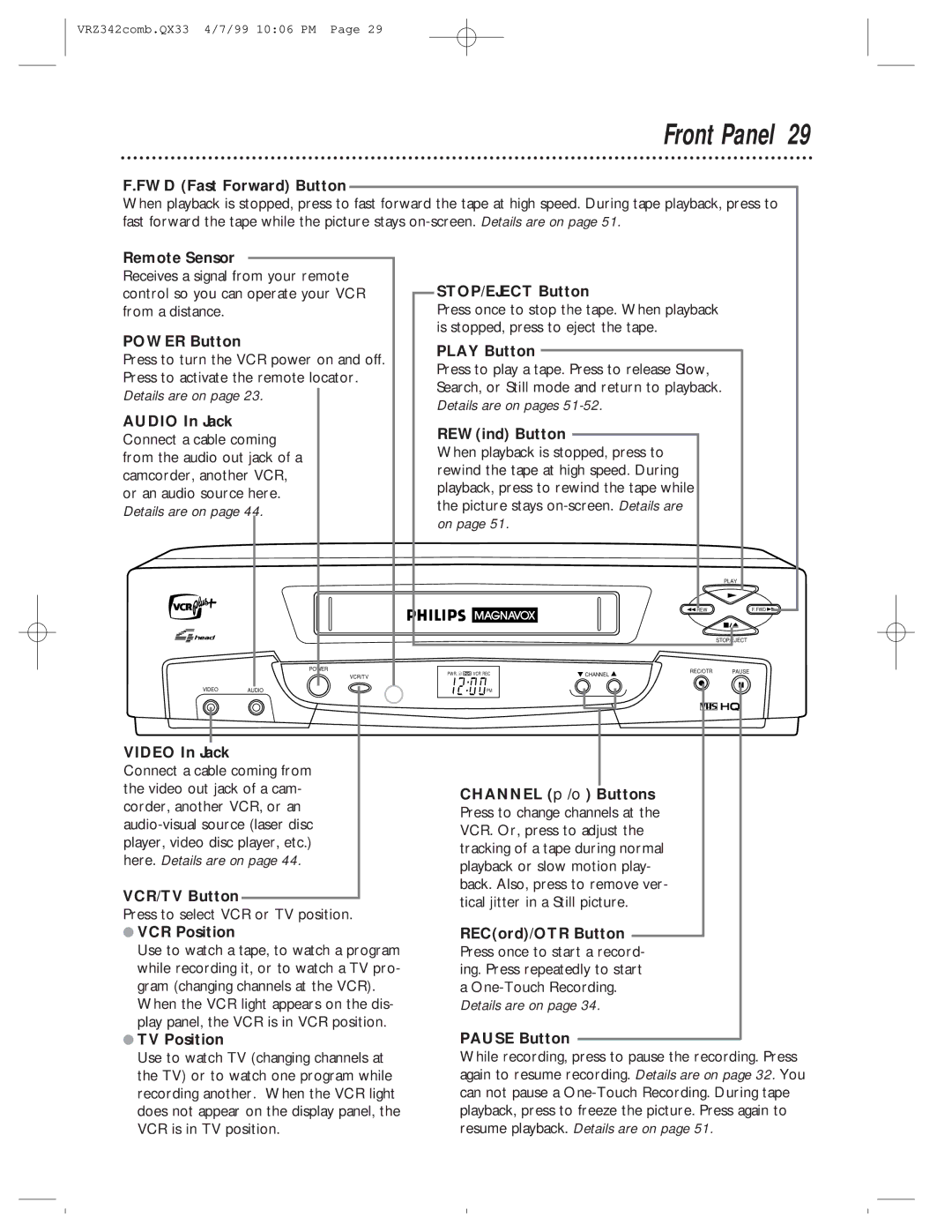 Magnavox VRZ342AT99 owner manual Front Panel 