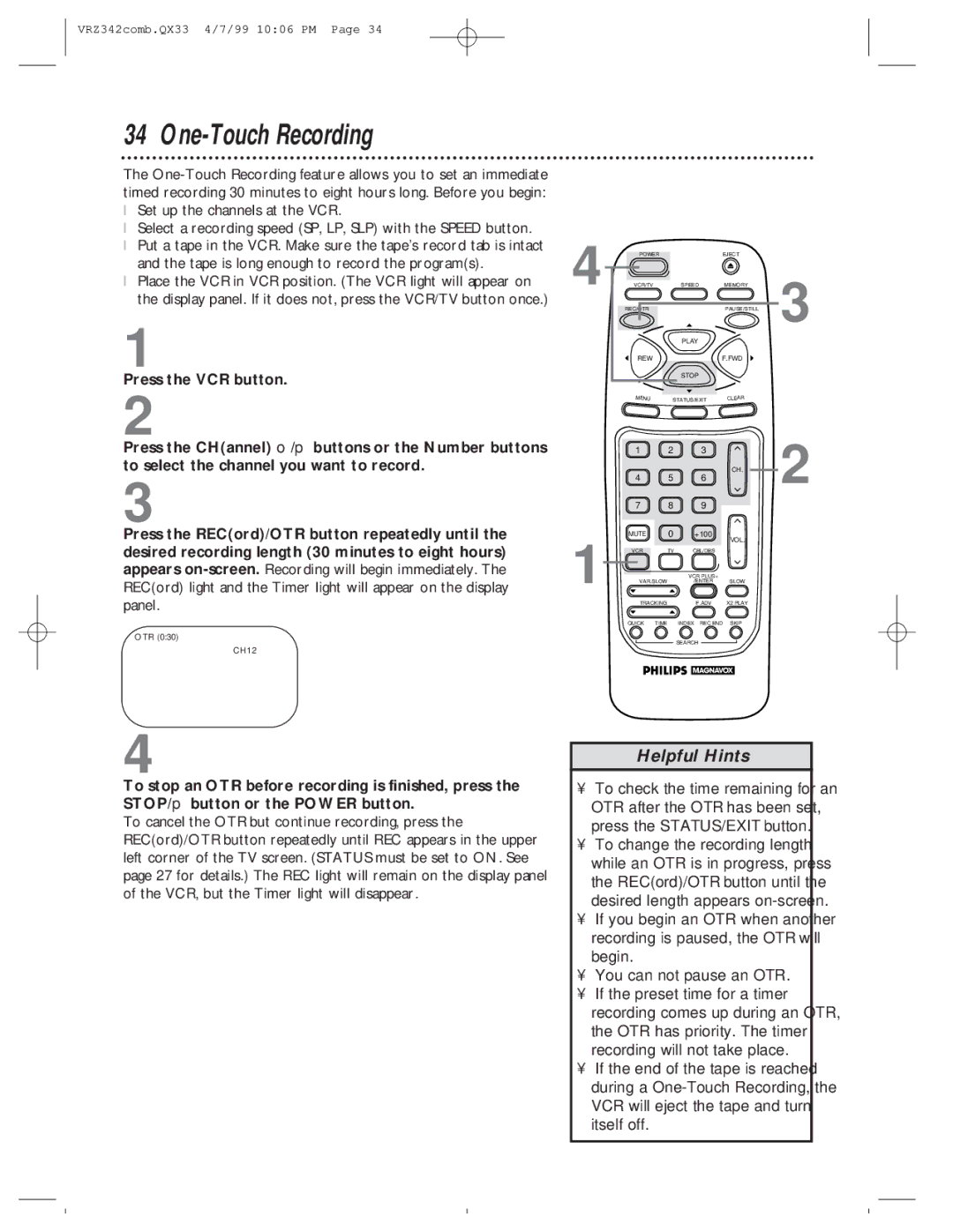 Magnavox VRZ342AT99 owner manual One-Touch Recording, Itself off 