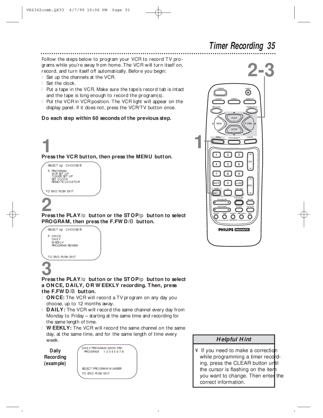 Magnavox VRZ342AT99 owner manual Timer Recording, Daily 