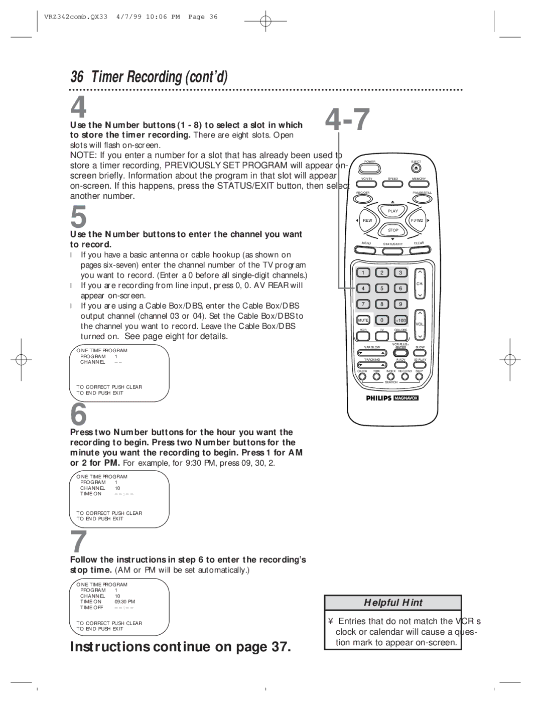 Magnavox VRZ342AT99 owner manual Timer Recording cont’d, Instructions continue on 